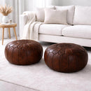 Handmade Round Moroccan Dark Brown Leather Pouf Ottoman Genuine Leather Footstool Coffee Table Floor Seating Unstuffed Oussama Ag